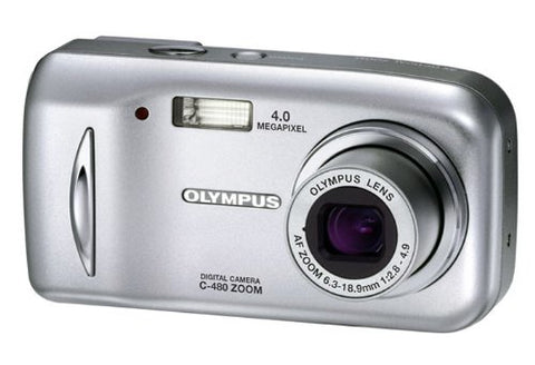Olympus Camedia C-480 Zoom digitale compactcamera, zilver, schuin vooraanzicht met 4.0 megapixel-opschrift, tweedehands