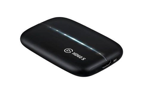 Elgato Game Capture HD60 S, zwart, bovenkant met HD60 S-logo, blauwe lichtstreep en HDMI OUT-aansluiting