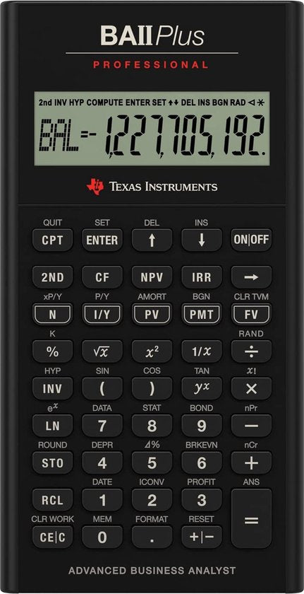 Texas Instruments BA II Plus Professional rekenmachine, zwart, voorkant met display en toetsen