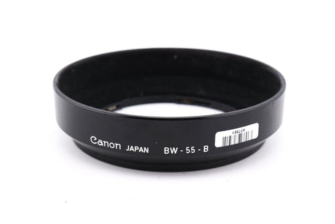 Canon BW-55B zonnekap, zwart, lage ronde kap met opschrift Canon Japan BW-55-B en een witte barcodesticker, tweedehands