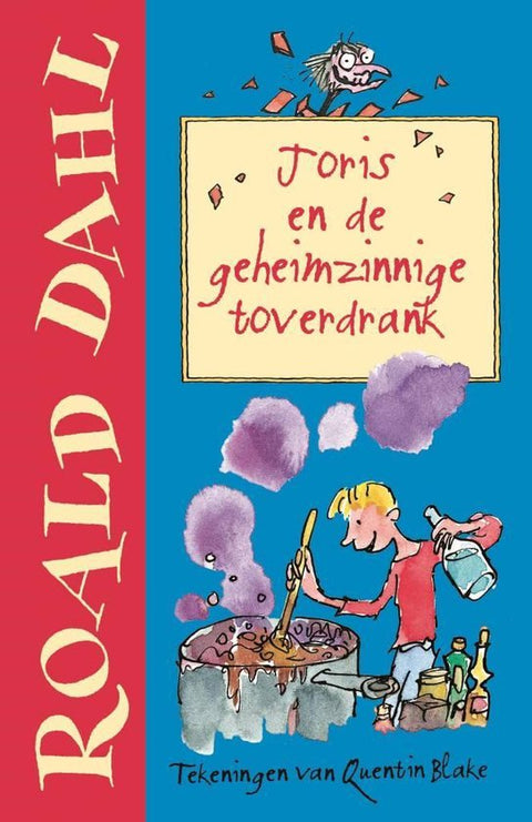 Joris en de geheimzinnige toverdrank, Roald Dahl, blauwe omslag met een jongen bij een kokende ketel, tweedehands