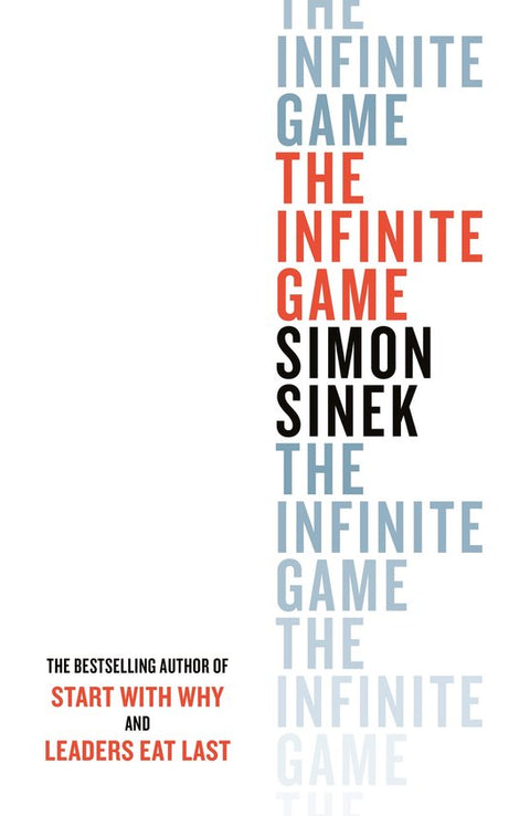 The Infinite Game, Simon Sinek, witte omslag met de titel herhaald in blauwe en rode letters, tweedehands