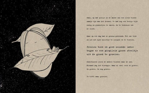 De bloem die de zon een kusje wilde geven, Sandra Sier, binnenpagina met een getekend blad en tekst