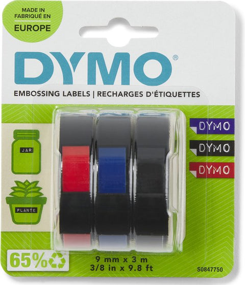 Dymo S0847750 reliëftape 9 mm wit op zwart, rood en blauw, 3 rollen in blisterverpakking