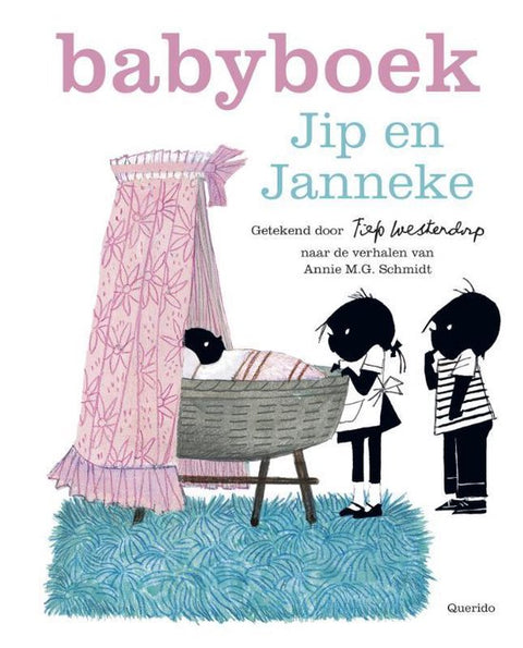 Babyboek Jip en Janneke roze, Fiep Westendorp en Annie M.G. Schmidt, Querido omslag met wieg, tweedehands