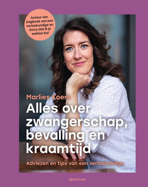 Alles over zwangerschap bevalling en kraamtijd, Marlies Koers, Spectrum paarse boekomslag met de auteur, tweedehands