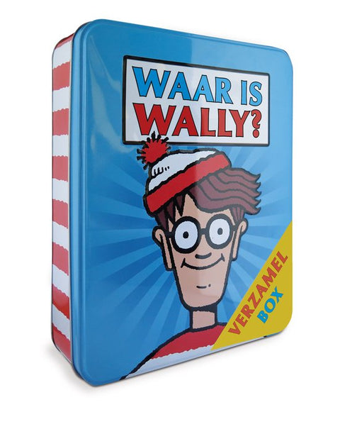 Waar is Wally? Verzamelbox, Martin Handford, blauwe blikken doos met Wally met muts en bril, tweedehands