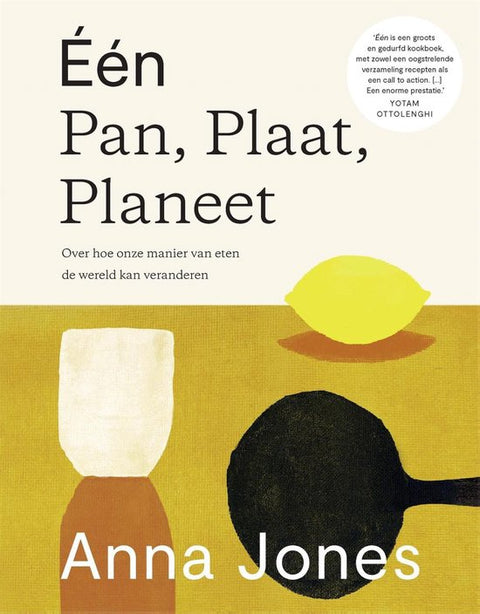 Een Pan Plaat Planeet, Anna Jones, boekomslag voorkant met gestileerde pan en citroen, tweedehands
