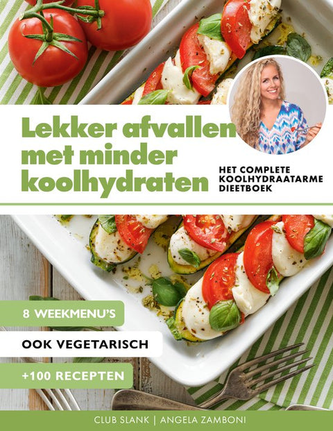 Lekker afvallen met minder koolhydraten, Angela Zamboni, Club Slank, boekomslag voorkant met ovenschaal, tweedehands