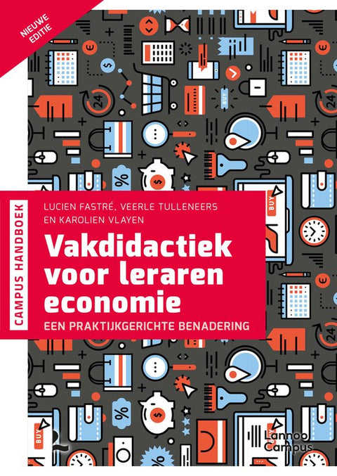 Vakdidactiek voor leraren economie, Lucien Fastré, nieuwe editie, omslag met pictogrammen over geld en winkelen, tweedehands