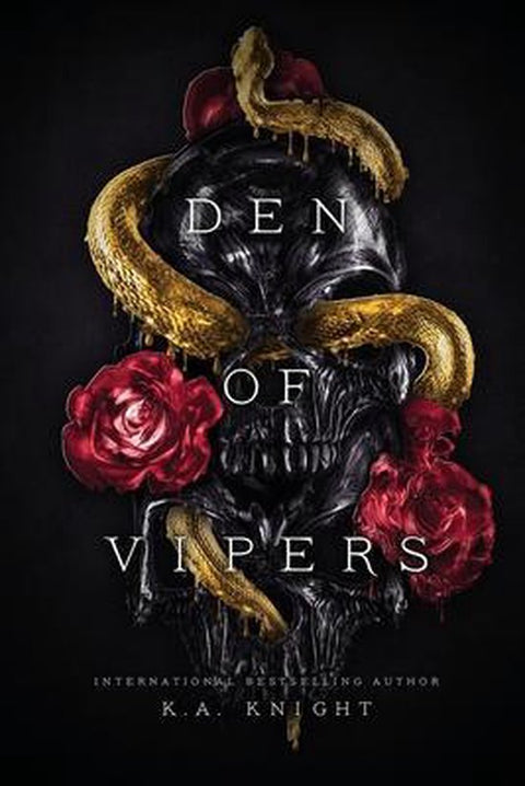 Den of Vipers, K.A. Knight, zwarte omslag met een schedel, gouden slangen en rode rozen, tweedehands