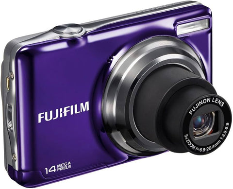 Fujifilm FinePix JV300 digitale compactcamera, paars, schuin vooraanzicht met uitgeschoven 3x zoomlens, tweedehands