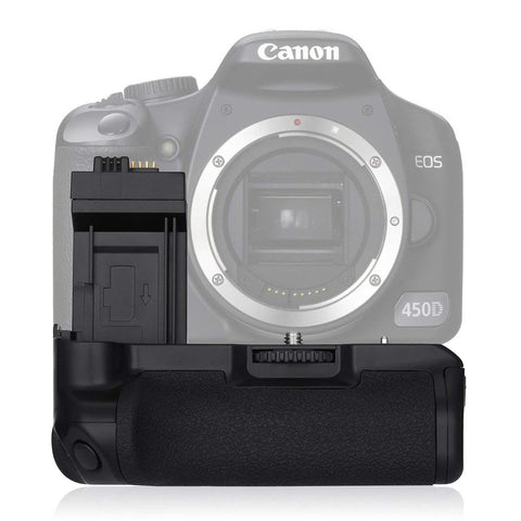 Battery pack BG-E5 voor Canon EOS 450D, 500D en 1000D, zwarte grip onder een grijs afgebeelde Canon EOS 450D