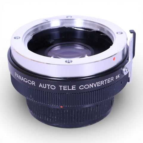 Panagor Auto Tele Converter 2x voor Minolta SR/MC/MD, bajonet met zilveren ring en opschrift, tweedehands