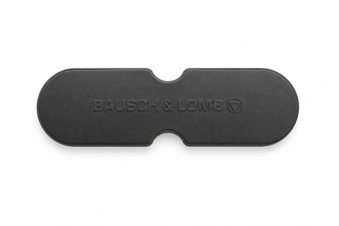 Bausch & Lomb objectiefdop voor verrekijker, dubbele zwarte dop met ingeperst Bausch & Lomb-logo, voorkant
