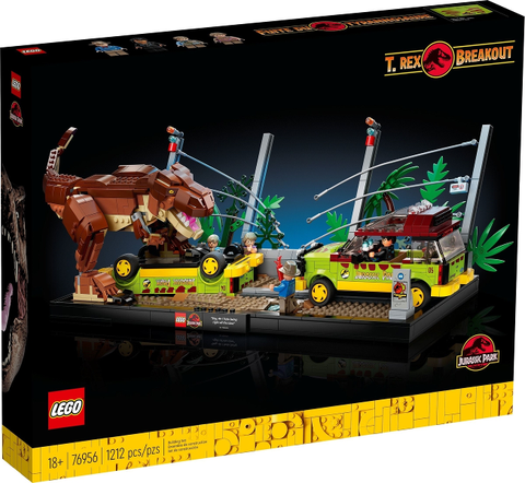 LEGO Jurassic World T. rex Ontsnapping 76956, doos voorkant met de T. rex en voertuigen