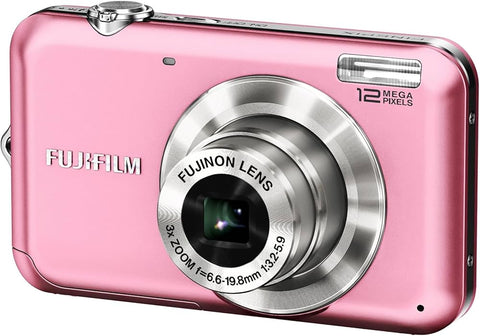 Fujifilm FinePix JV100 digitale compactcamera, roze, schuin van voren met 3x Fujinon-zoomlens, tweedehands