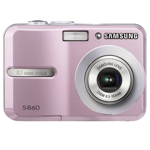 Samsung S860 digitale compactcamera, roze, voorkant met 3x zoomlens en 8.1 megapixel, tweedehands