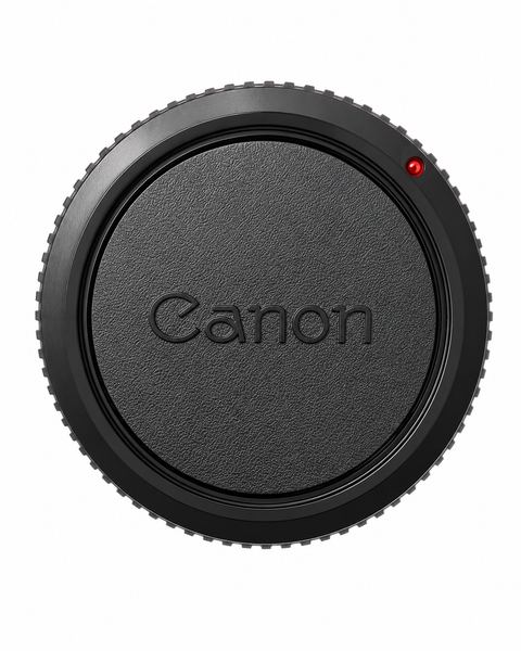 Canon FD-mount body cap R-F-3, zwart met ingeperst Canon-logo, rode stip en geribbelde rand, voorkant