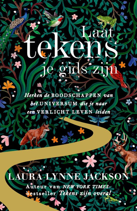 Laat tekens je gids zijn, Laura Lynne Jackson, zwarte omslag met planten, dieren en een gouden pad, tweedehands