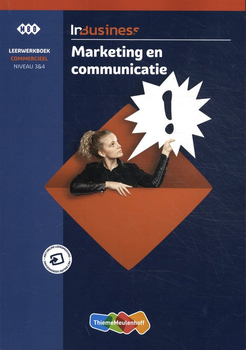 InBusiness Marketing en communicatie, P. Mijnster, donkerblauwe omslag met een vrouw en een uitroepteken, tweedehands