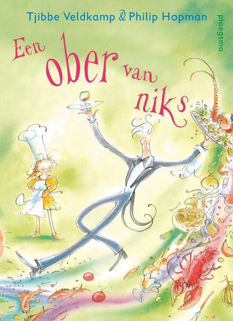 Een ober van niks, Tjibbe Veldkamp en Philip Hopman, omslag met een dansende ober met dienblad, tweedehands