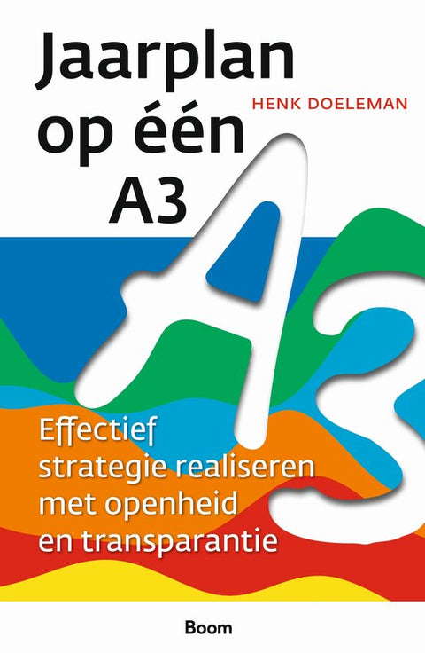 Jaarplan op één A3, Henk Doeleman, omslag met een grote witte A3 op gekleurde golven, tweedehands