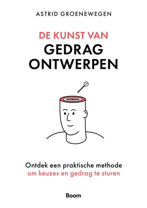 De kunst van gedrag ontwerpen, Astrid Groenewegen, witte omslag met een getekend hoofd en een dartpijl, tweedehands