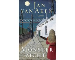Monsterzicht, Jan van Aken, roman, omslag met een gestalte in een rode jas bij een spoorlijn bij nacht, tweedehands