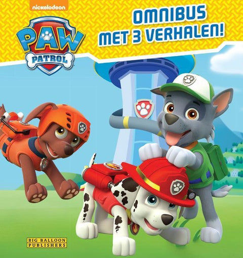 PAW Patrol Omnibus met 3 verhalen, omslag met drie pups voor een toren, tweedehands