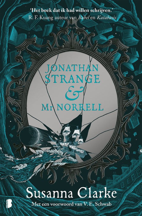 Jonathan Strange & Mr Norrell, Susanna Clarke, blauwgroene omslag met een gebroken spiegel in een sierlijst, tweedehands