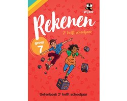 Rekenen groep 7, Oefenboek 2e helft schooljaar, rode omslag met twee getekende kinderen en dobbelstenen, tweedehands