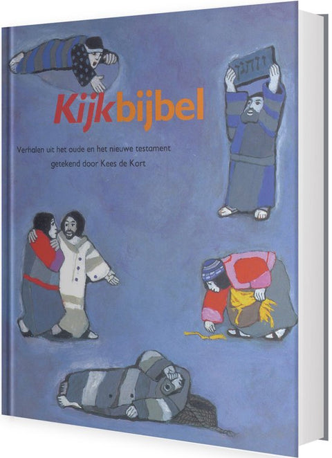 Kijkbijbel, Kees de Kort, verhalen uit het oude en het nieuwe testament, blauwe omslag met getekende figuren, tweedehands