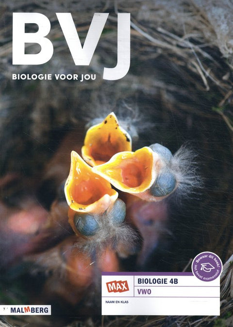 Biologie voor jou MAX 4B vwo, omslag met jonge vogels met open gele snavels in een nest, tweedehands