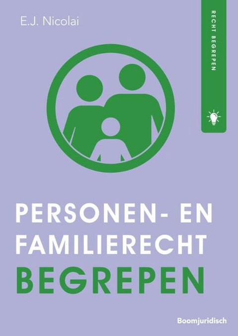 Personen- en familierecht begrepen, E.J. Nicolai, Recht begrepen, lila omslag met een pictogram van een gezin, tweedehands