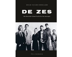 De Zes, Oscar van den Boogaard, zwarte omslag met een zwart-witfoto van een groep mensen, tweedehands