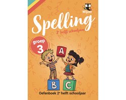 Spelling groep 3, oefenboek 2e helft schooljaar, oranje omslag met twee kinderen en letterblokken, tweedehands