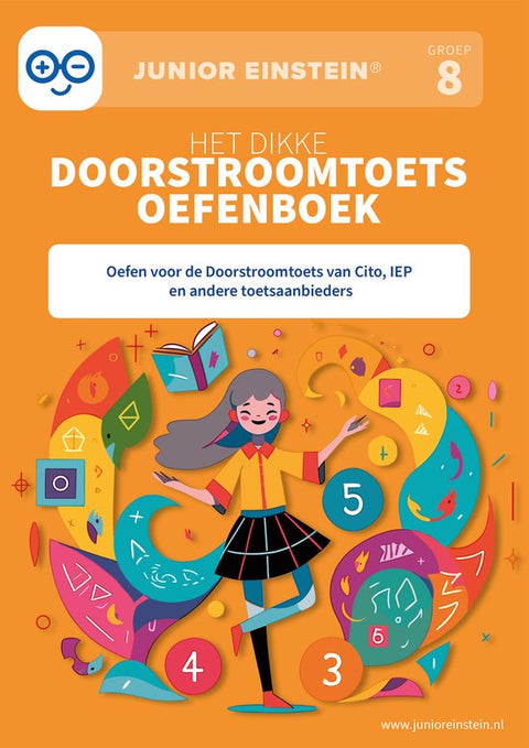 Junior Einstein Het dikke Doorstroomtoets oefenboek groep 8, oranje omslag met een meisje tussen cijfers, tweedehands