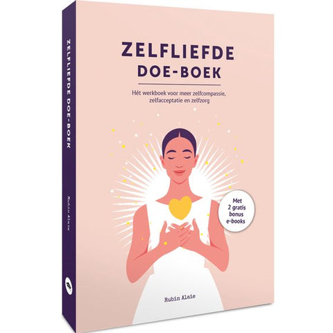 Zelfliefde doe-boek, Rubin Alaie, roze omslag met een getekende vrouw die een hart vasthoudt, tweedehands