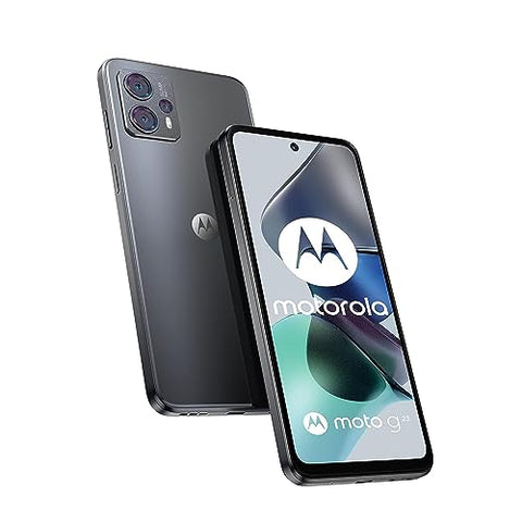 Motorola Moto G23 128GB, zwart (Matte Charcoal), achterkant met drievoudige camera en vooraanzicht