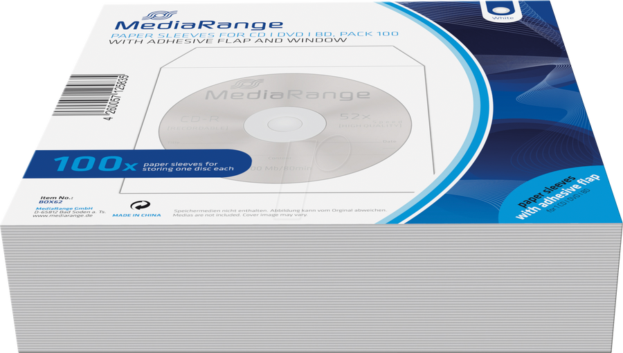 MediaRange-CD/DVD Sleeve / Papieren Hoes voor 1 Disc met Venster en Zelfklevende Flap (Wit, 100 Stuks) (Nieuw)