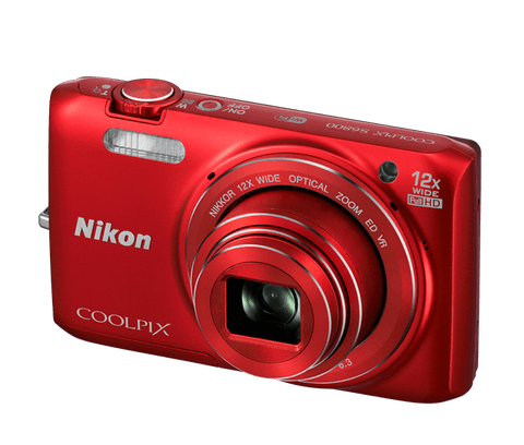 Nikon Coolpix S6800 compactcamera, rood, schuin van voren, tweedehands