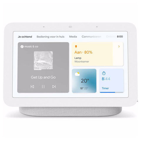 Google Nest Hub 2e generatie grijs, voorkant met startscherm op het display en stoffen voet, tweedehands