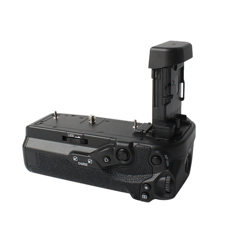Batterijgrip voor Canon EOS R5 Mark II en R6 Mark II, zwarte grip schuin met de accuhouder omhoog