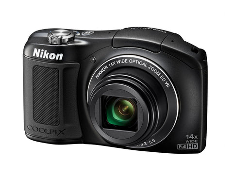 Nikon Coolpix L620 digitale compactcamera, zwart, schuin van voren met 14x-zoomlens, tweedehands