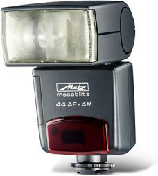 Metz Mecablitz 44 AF-4 M flitser voor Minolta en Konica Minolta, voorkant, tweedehands