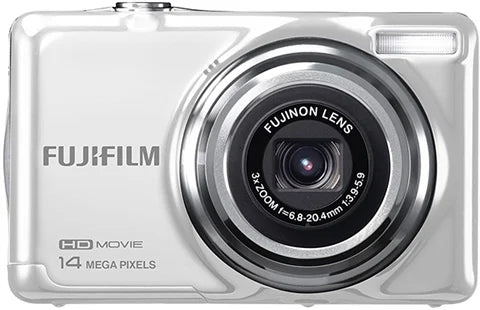 Fujifilm FinePix JV500 compactcamera, wit, voorkant met 3x Fujinon-zoomlens en opschrift 14 megapixels
