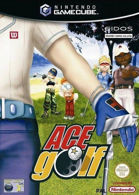 Nintendo GameCube Ace Golf, doos voorkant met golfers op een groene baan, tweedehands