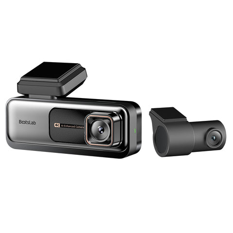 4K-dashcam met voor- en achtercamera, zwart, overzicht met stroomkabel en geheugenkaart