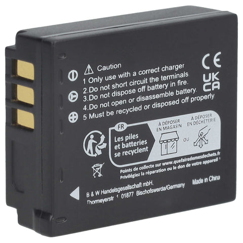 Accu voor Panasonic Lumix CGA-S007E, zwart, achterkant met contacten en waarschuwingstekst